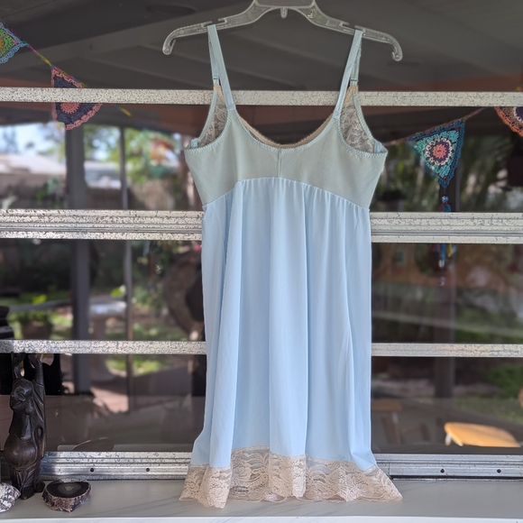 Vintage 70s Warner's 38B Chemise Blue Slip Dress Nightie Lace Coquette Girl - Picture 8 of 12